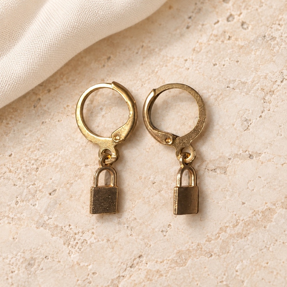 Gold Tone Padlock Drop Huggie Hoop Earrings Mini Lock Charm Lever Back